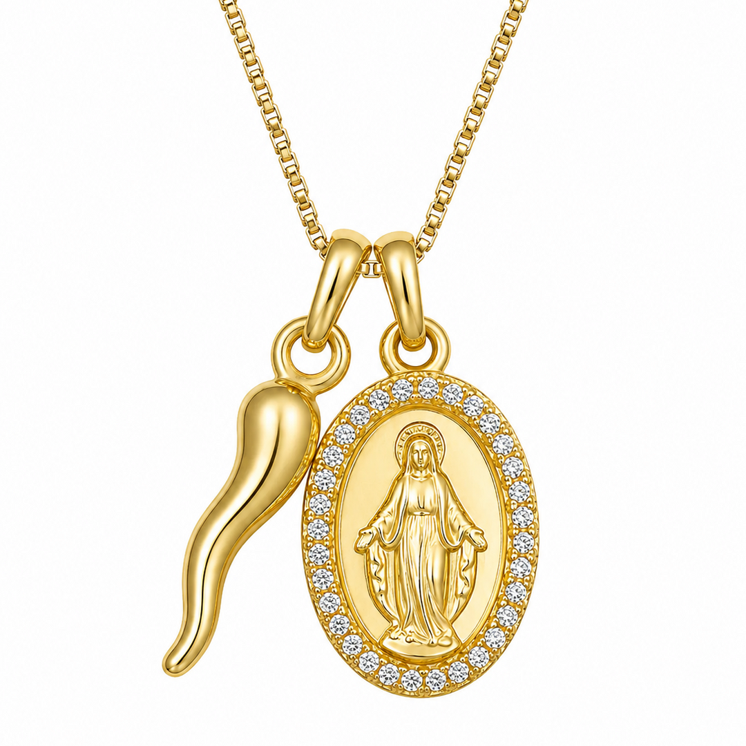 Divina Madonna & Cornicello Gold Necklace